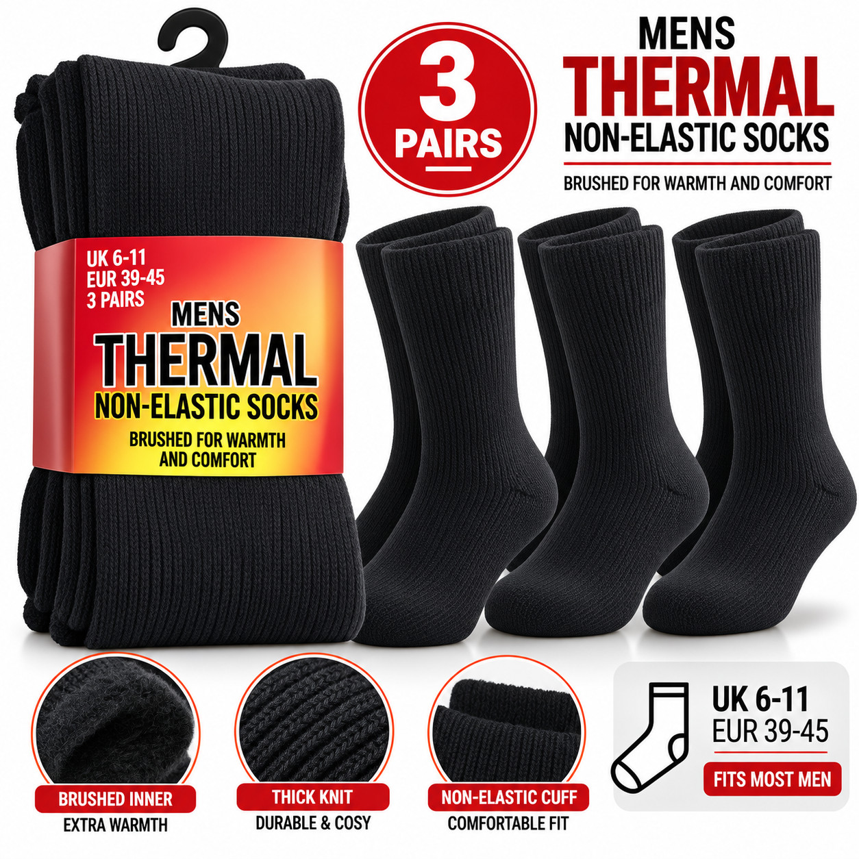 Mens Thermal Socks Non Elastic Thick Winter Warm Soft Brushed Work Sock UK 6-11