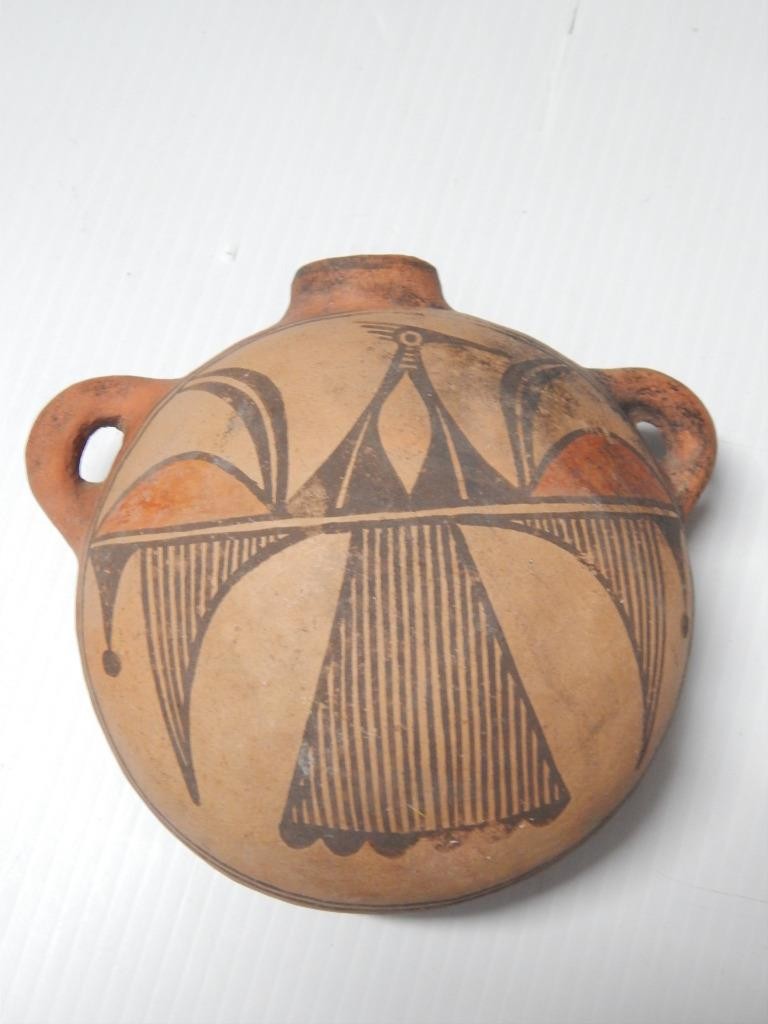 IMPORTANT ANTIQUE EARLY ZIA PUEBLO INDIAN POTTERY CANTEEN POT BIRD PICTORIAL