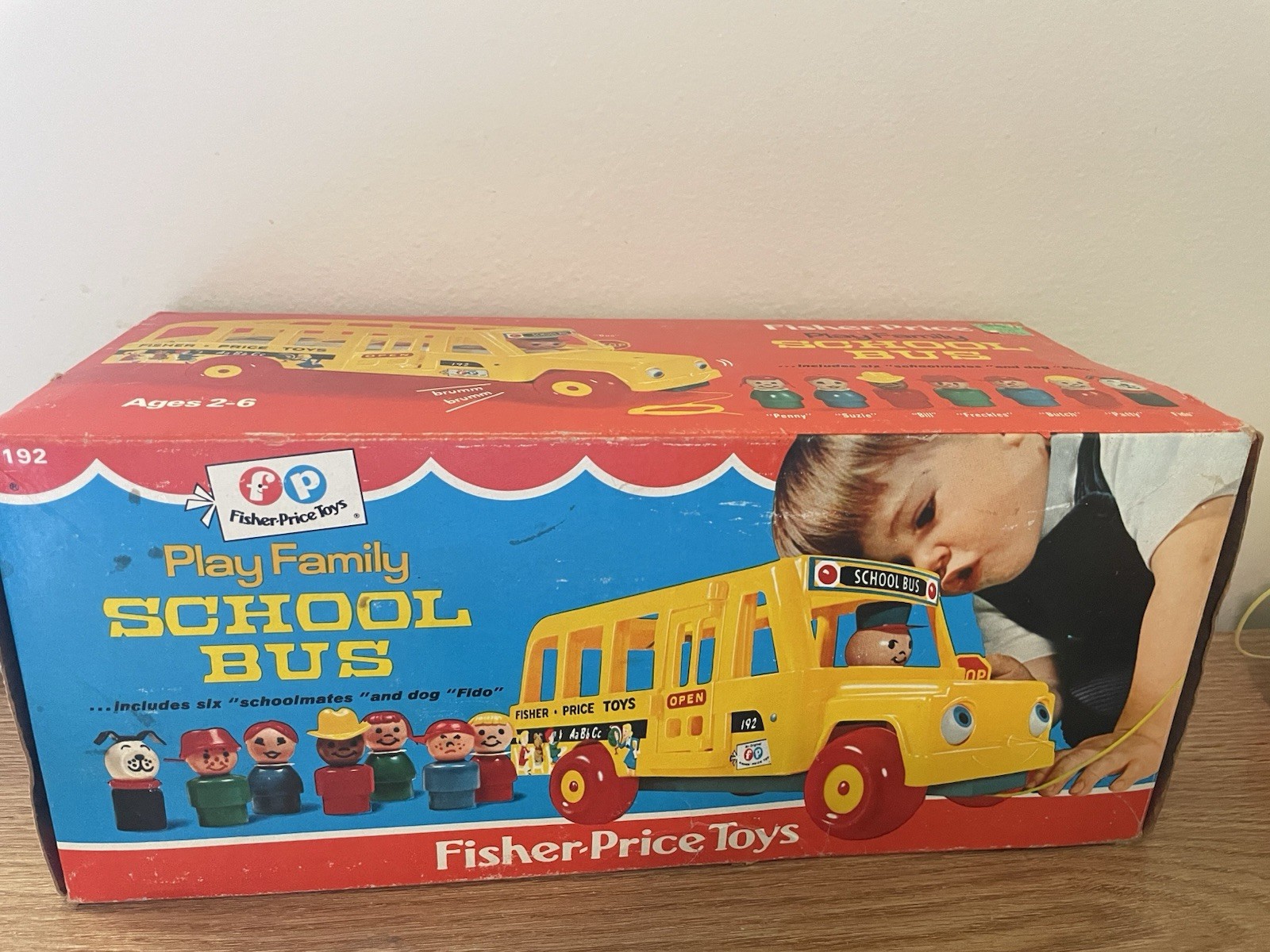 Vintage Fisher Price WOOD Little People School Bus 1968 STOP SIGN #192 With BOX