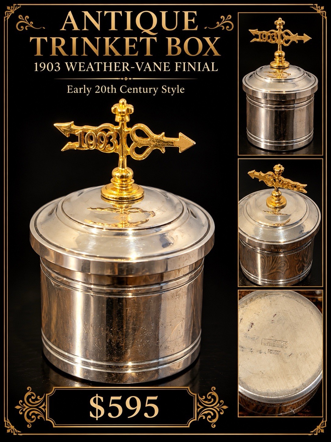 Antique Silverplate Trinket Box 1903 Weathervane Finial, 1900-1940 Antique Silverplate Trinket Box 1903 Weathervane Finial, 1900-1940