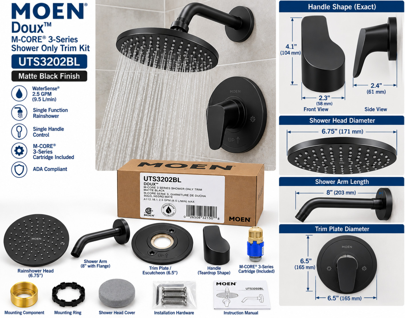 Mo*en UTS3202BL Doux M-CORE 3-Series Shower Trim Kit Matte Black