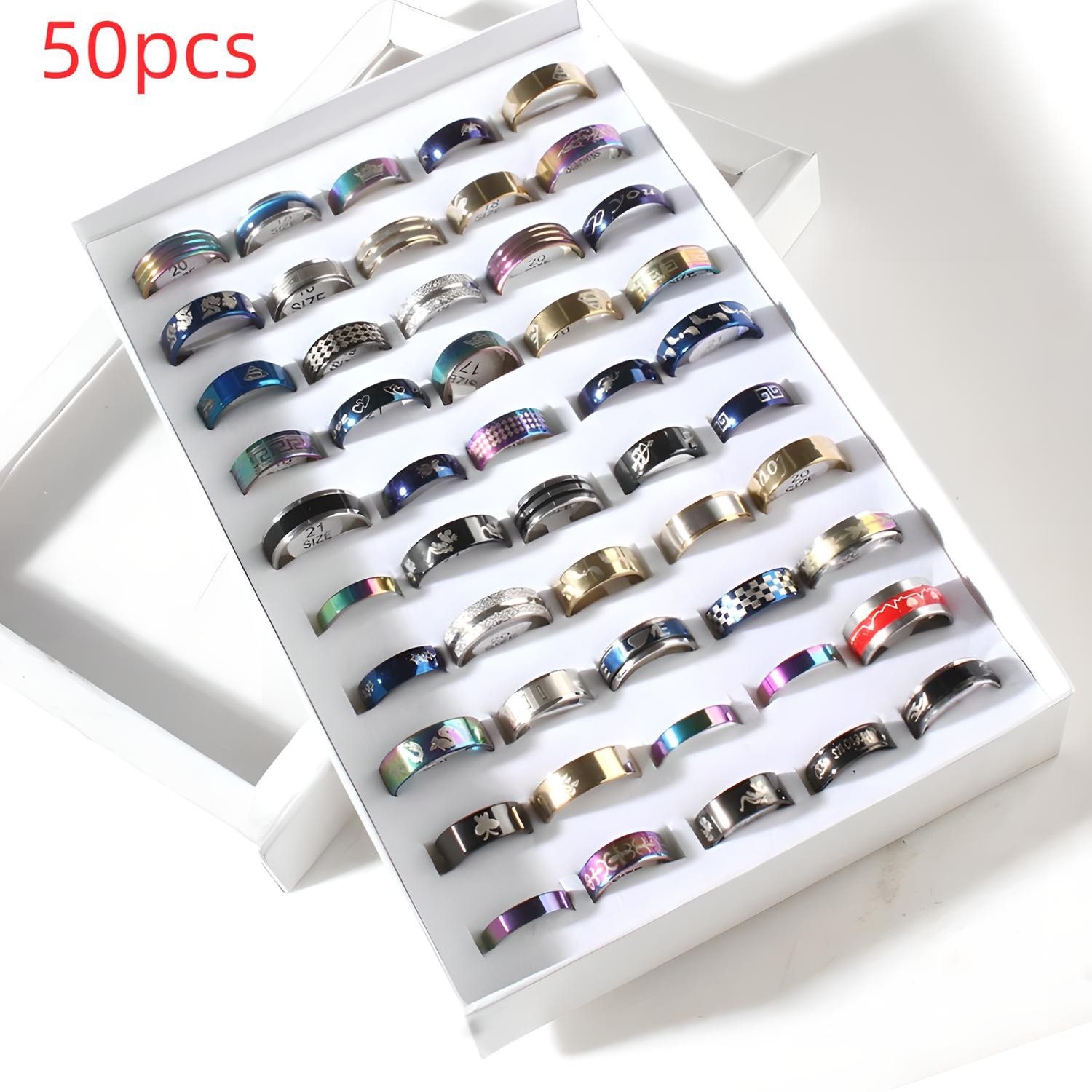 NEW 50pcs Wholesale Bulk Lot Mixed Stainless Steel Rings Men's Women's Band Ring