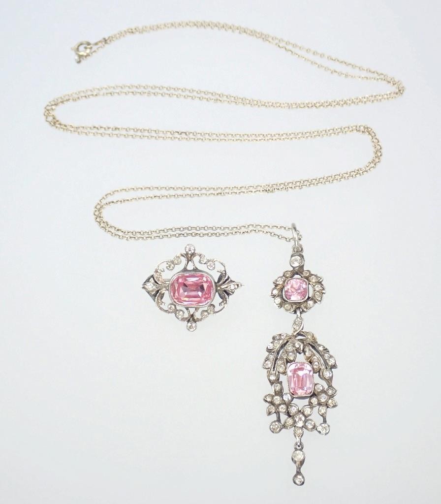Gorgeous Antique Georgian Silver 9K Gold Pink Paste Necklace Brooch Pin Parure