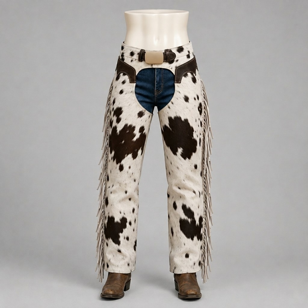 Hair On Cowhide Chaps White Brown Western Fringe Straight Leg Rodeo Cowboy