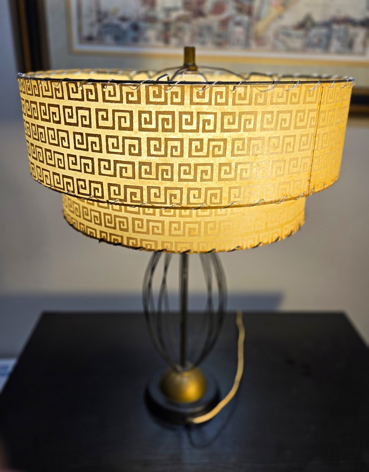 Vintage MCM Atomic Wire Onion Cage Table Lamp 2-Tier Geometric Greek Key Shade Vintage MCM Atomic Wire Onion Cage Table Lamp 2-Tier Geometric Greek Key Shade