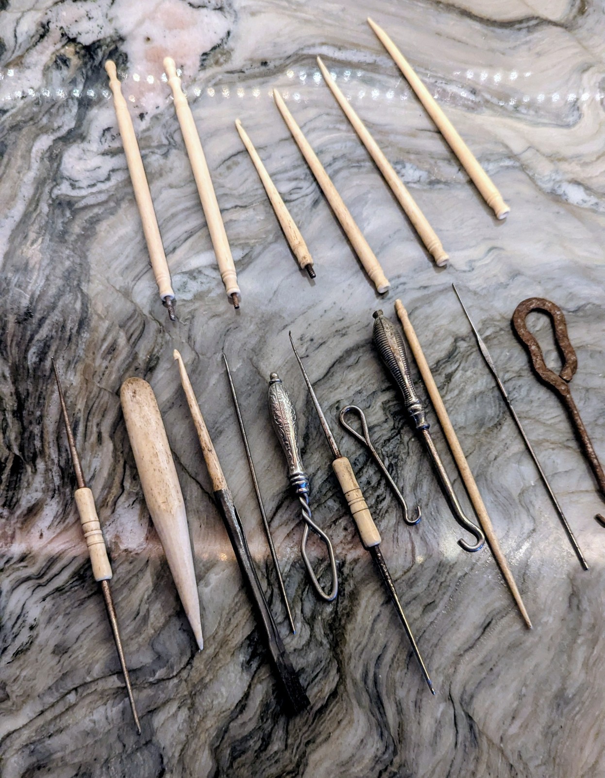 Antique Victorian Cow Bone & Sterling Crochet Hooks Sewing Tools 19 Pc 1867 Pat