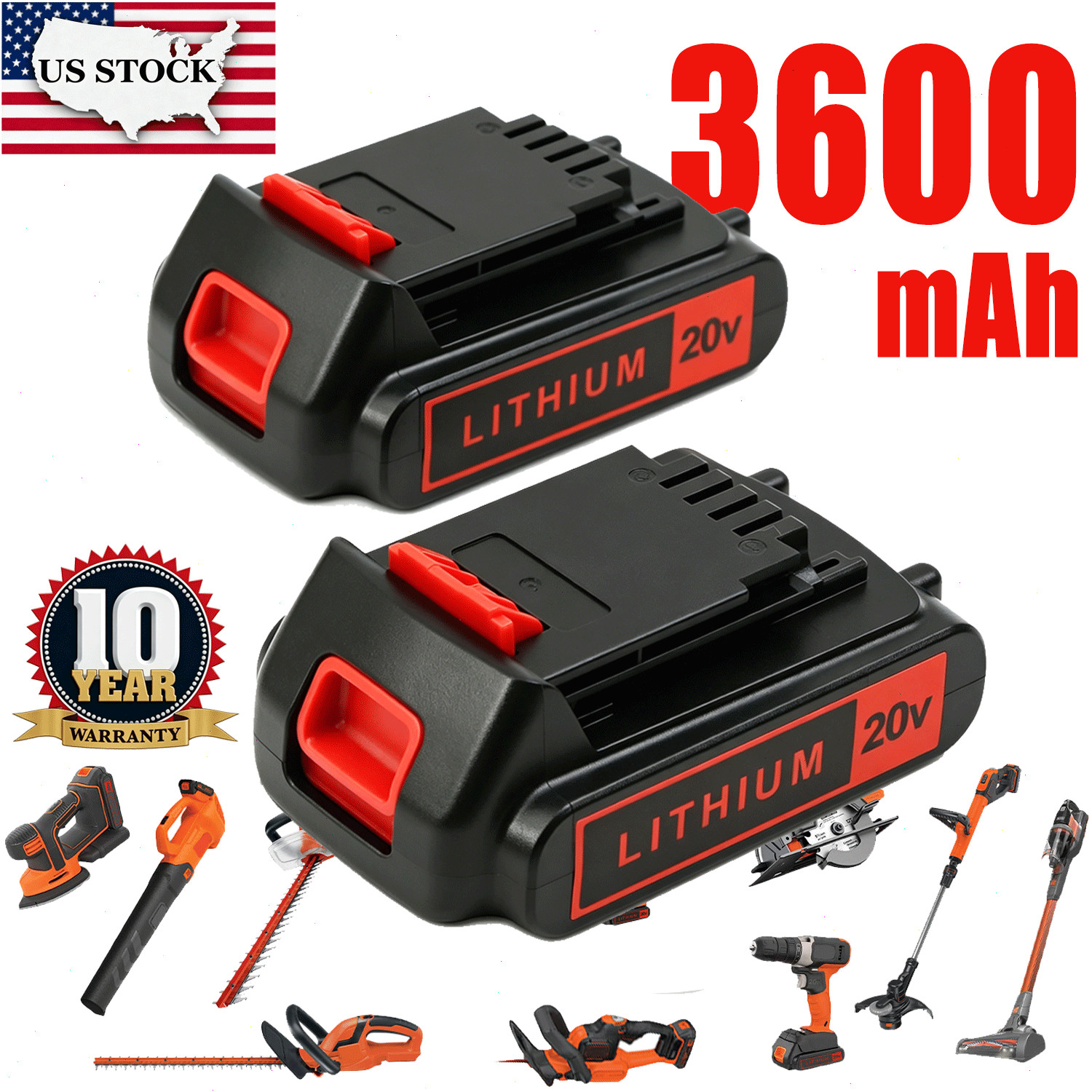 2PACKS 20V Lithium-ion 3.6Ah Battery for BLACK DECKER 20 Volt LBXR20 LB20