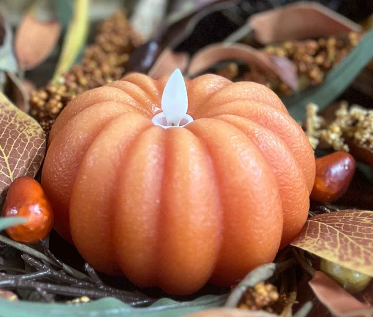 New Primitive Fall PUMPKIN TIMER LED Battery Candle Orange Moving Flame Country New Primitive Fall PUMPKIN TIMER LED Battery Candle Orange Moving Flame Country