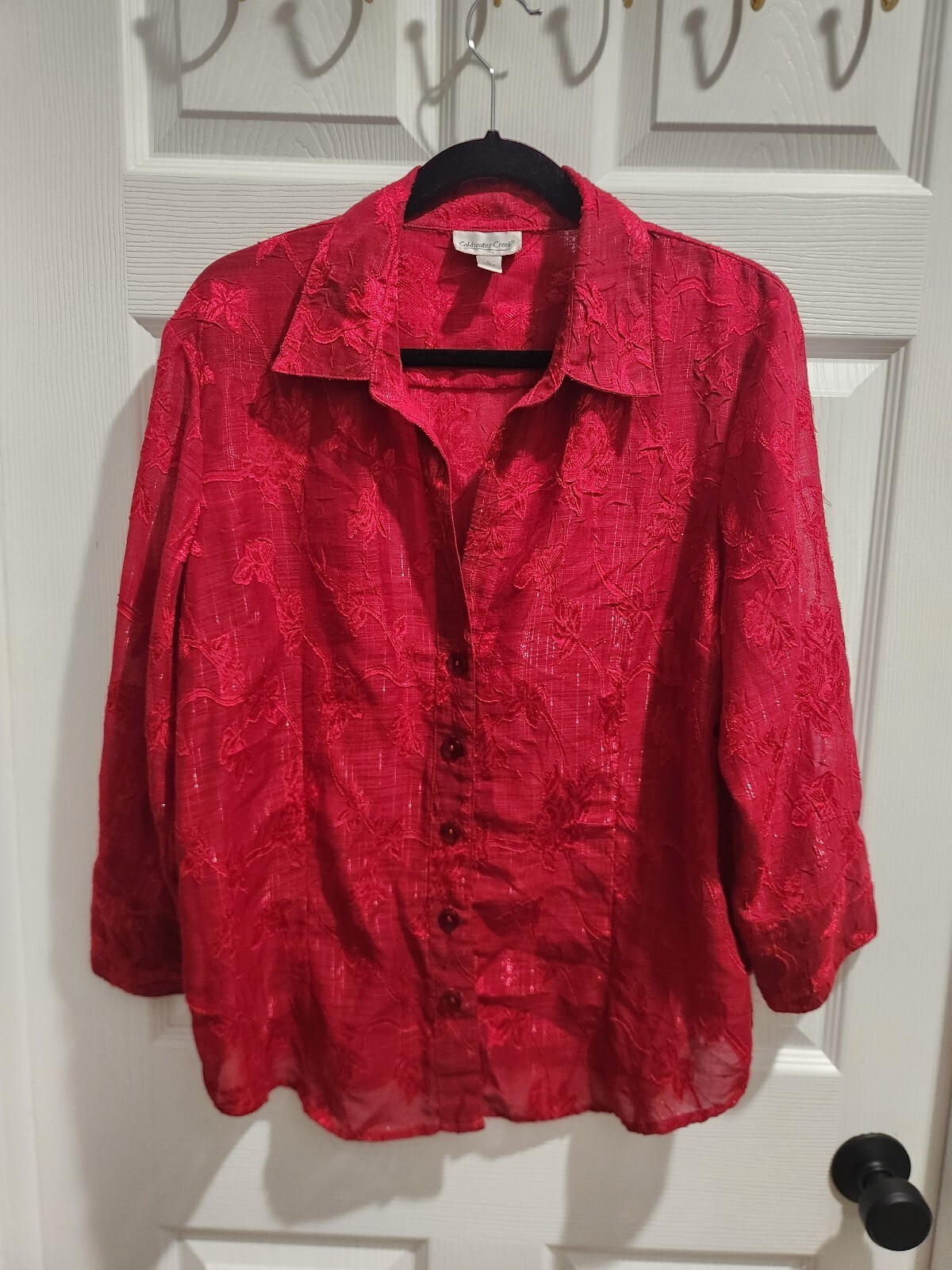 Coldwater Creek Red Floral Embroidered Button-Up Blouse Size L Coldwater Creek Red Floral Embroidered Button-Up Blouse Size L
