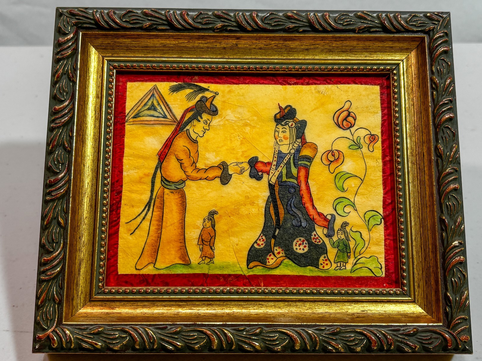 Vintage Mongolian Folk Art Painting Mongol Zurag Court Scene Custom Velvet Frame Vintage Mongolian Folk Art Painting Mongol Zurag Court Scene Custom Velvet Frame
