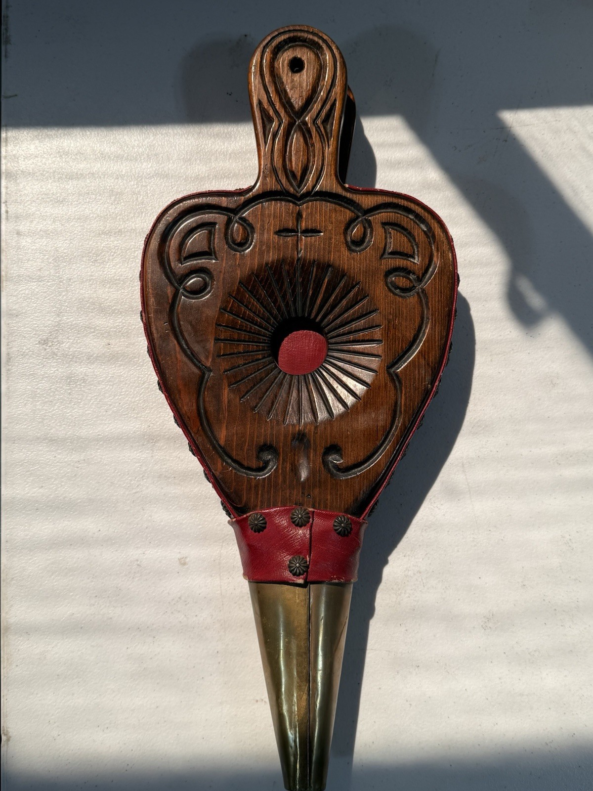 Vintage Hand Carved Wood Fireplace Bellows Brass & Red Leather Vintage Hand Carved Wood Fireplace Bellows Brass & Red Leather