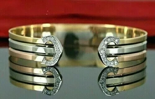 0.50Ct Round Cut Real Moissanite Women's Cuff Bracelet 14K Tri Gold Plated