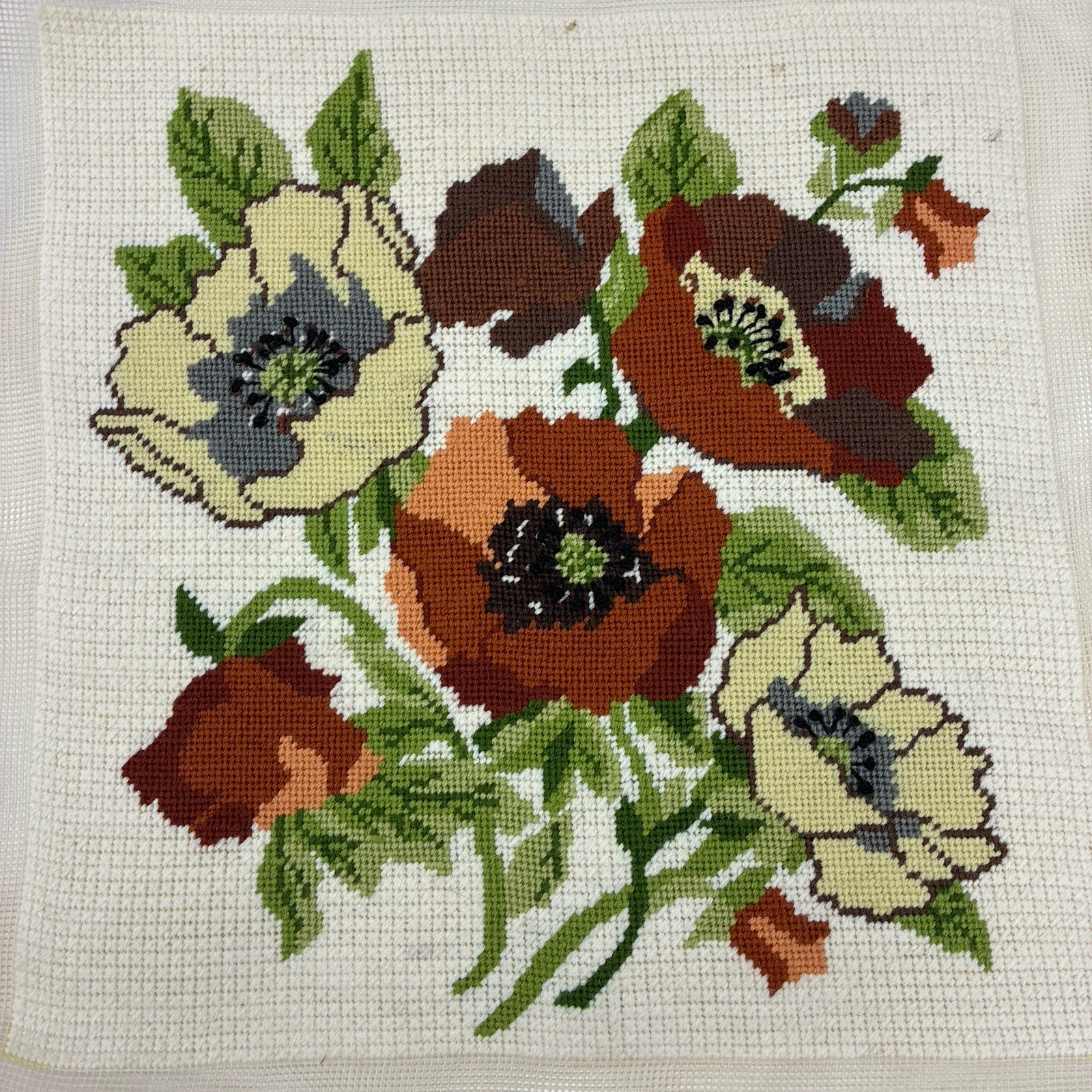 Vintage Finished Needlepoint Canvas Floral Poppies Anemones 4103 Brown Green