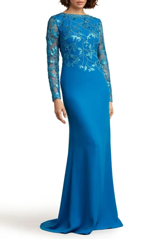 Tadashi Shoji Deep Ocean Blue Sequin Lace Long Sleeve Crepe Gown Size 8 $478