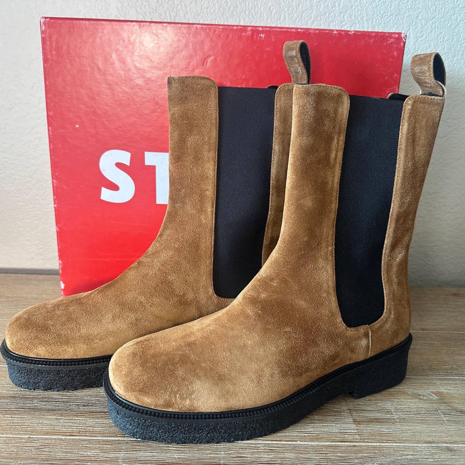 Staud Brown Suede Chelsea Palomino Boots, Mid Shaft, Quiet Luxury, size 40 NIB