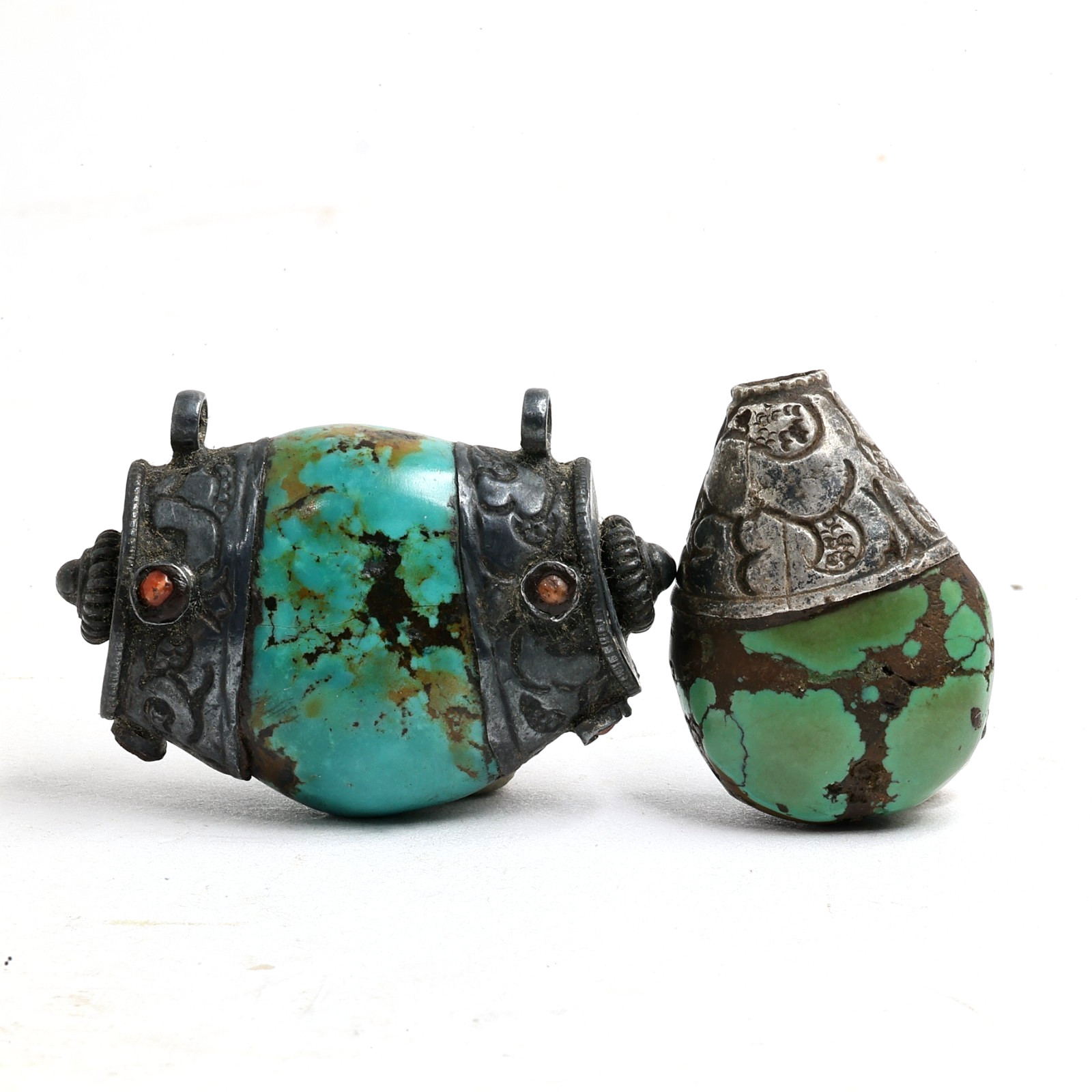 Century-Old Antique Tibetan Silver Capped Cylinder Turquoise Bead Pendant Century-Old Antique Tibetan Silver Capped Cylinder Turquoise Bead Pendant