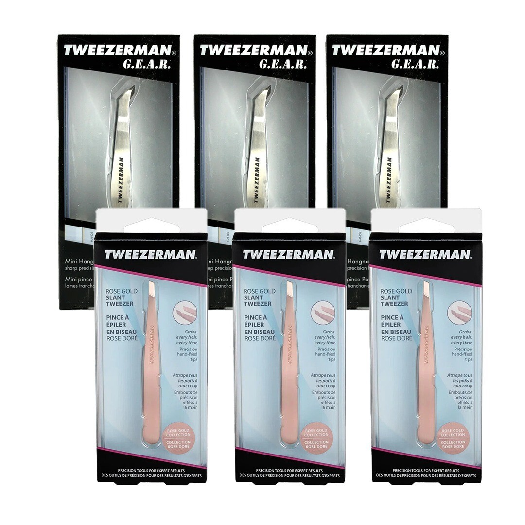 Tweezerman G.E.A.R. Mini Hangnail Squeez & Rose Gold Slanted Tweezer Pack of 6 Tweezerman G.E.A.R. Mini Hangnail Squeez & Rose Gold Slanted Tweezer Pack of 6