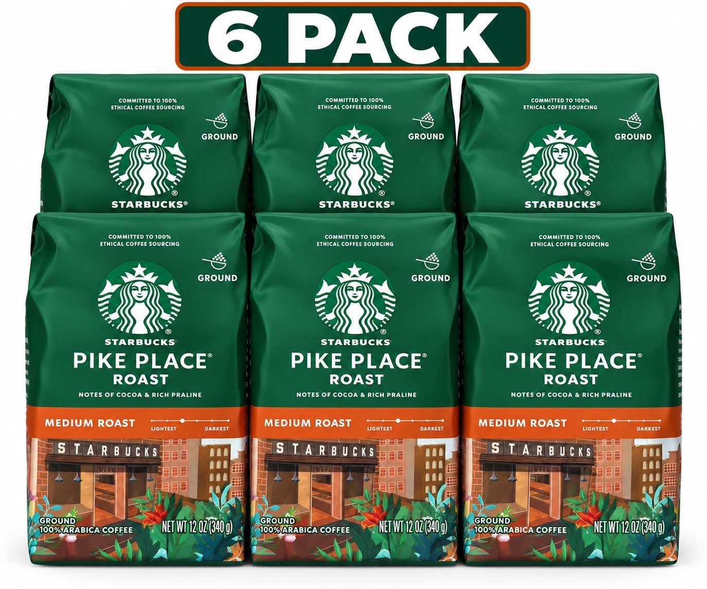 LOT OF 6 Starbucks Pike Place Roast,Ground Coffee,Medium Roast ,12 oz EACH LOT OF 6 Starbucks Pike Place Roast,Ground Coffee,Medium Roast ,12 oz EACH