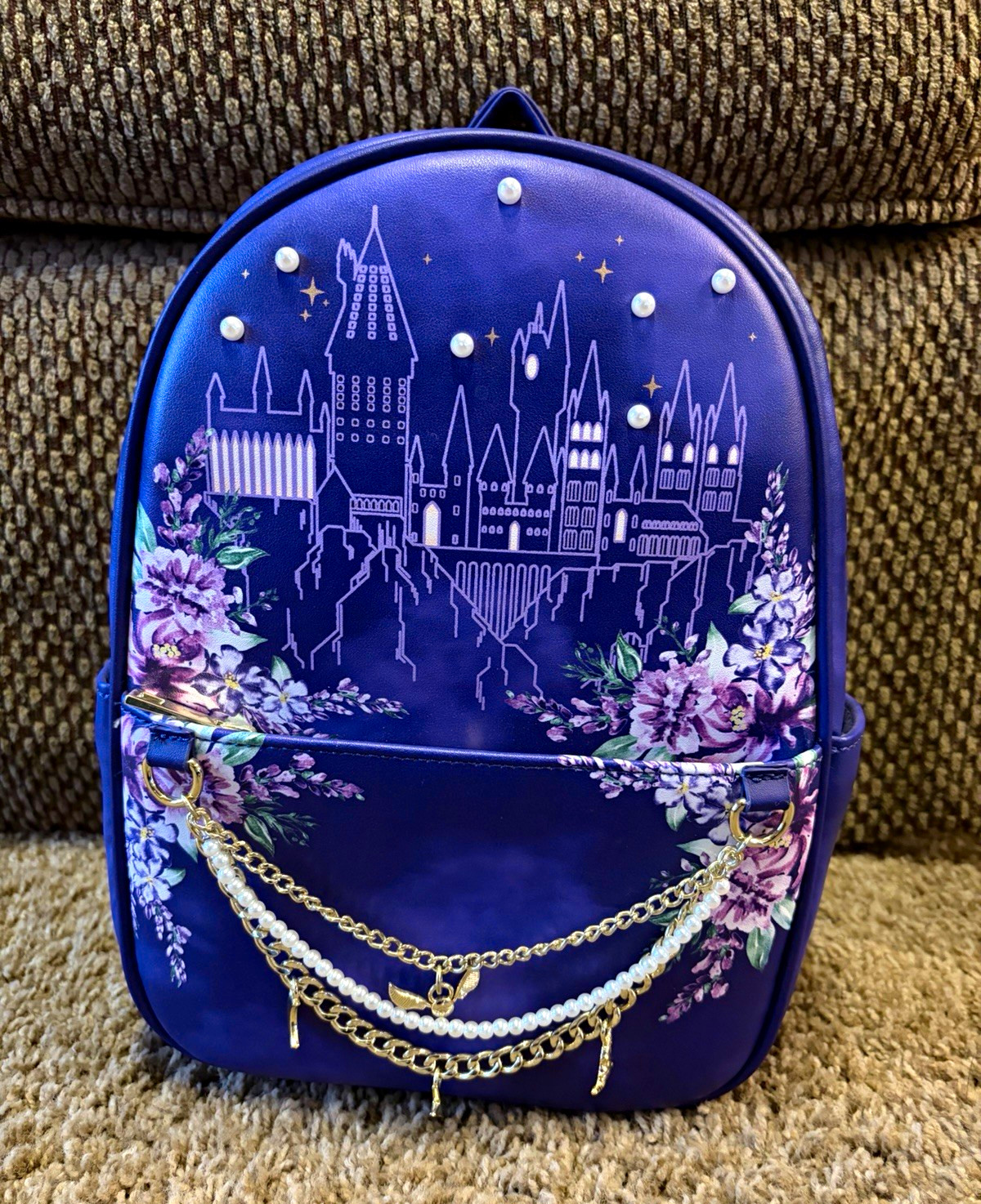 Harry Potter Purple Floral Hogwarts Castle Mini Backpack w/ Chain, Adjustable Harry Potter Purple Floral Hogwarts Castle Mini Backpack w/ Chain, Adjustable
