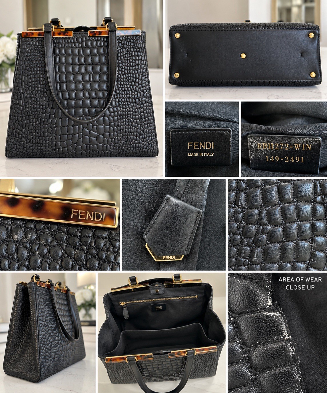 Fendi 3Jours Large Tote Black Crocodile Embossed Leather Tortoise 8BH272