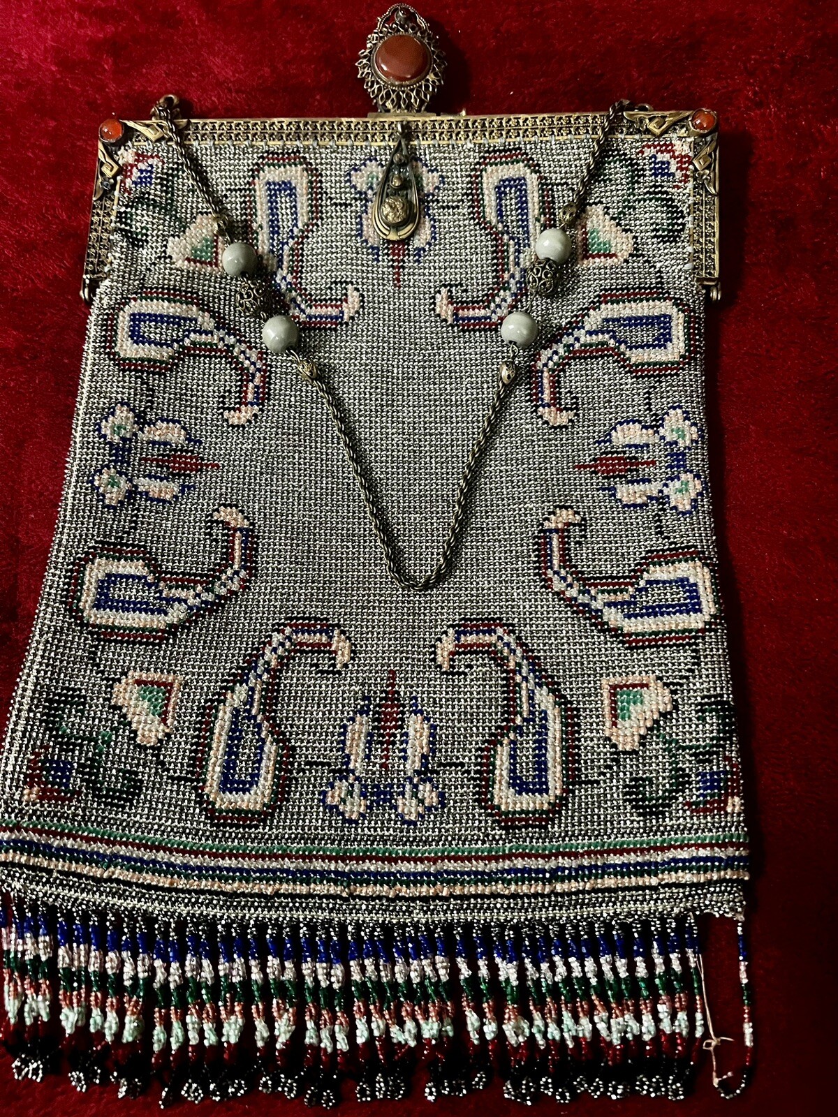MAGNIFICENT VICTORIAN STEEL BEADED PURSE/BAG CARNELIAN JEWELED FRAME HUGE MAGNIFICENT VICTORIAN STEEL BEADED PURSE/BAG CARNELIAN JEWELED FRAME HUGE