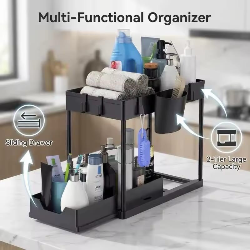2PC Pull Out Under Sink Organizer 2 Tier Kitchen Bathroom Storage Shelf