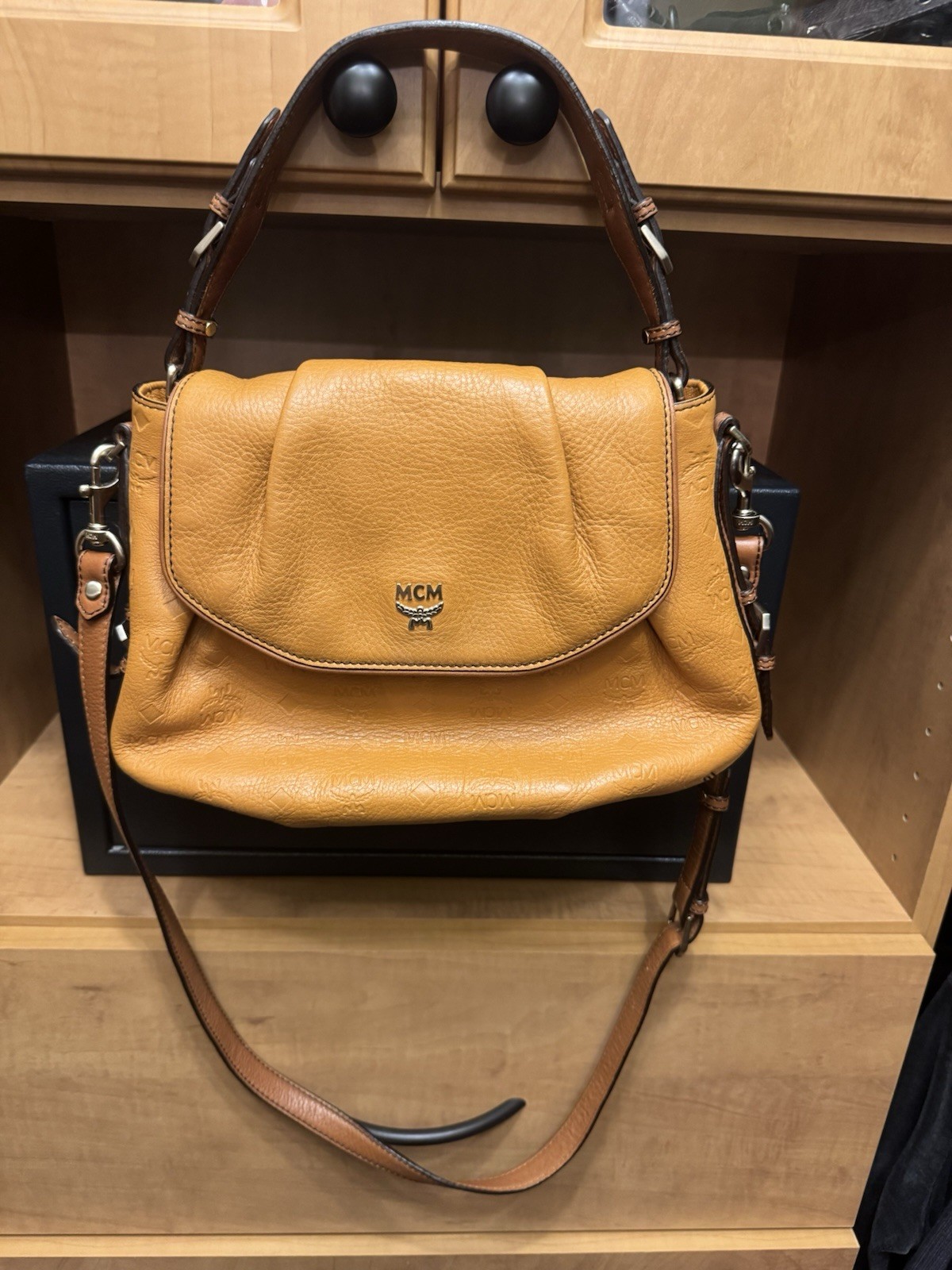 MCM Tan Pebbled Logo Satchel Top Handle w/ Strap Magnetic Closure Silver HW