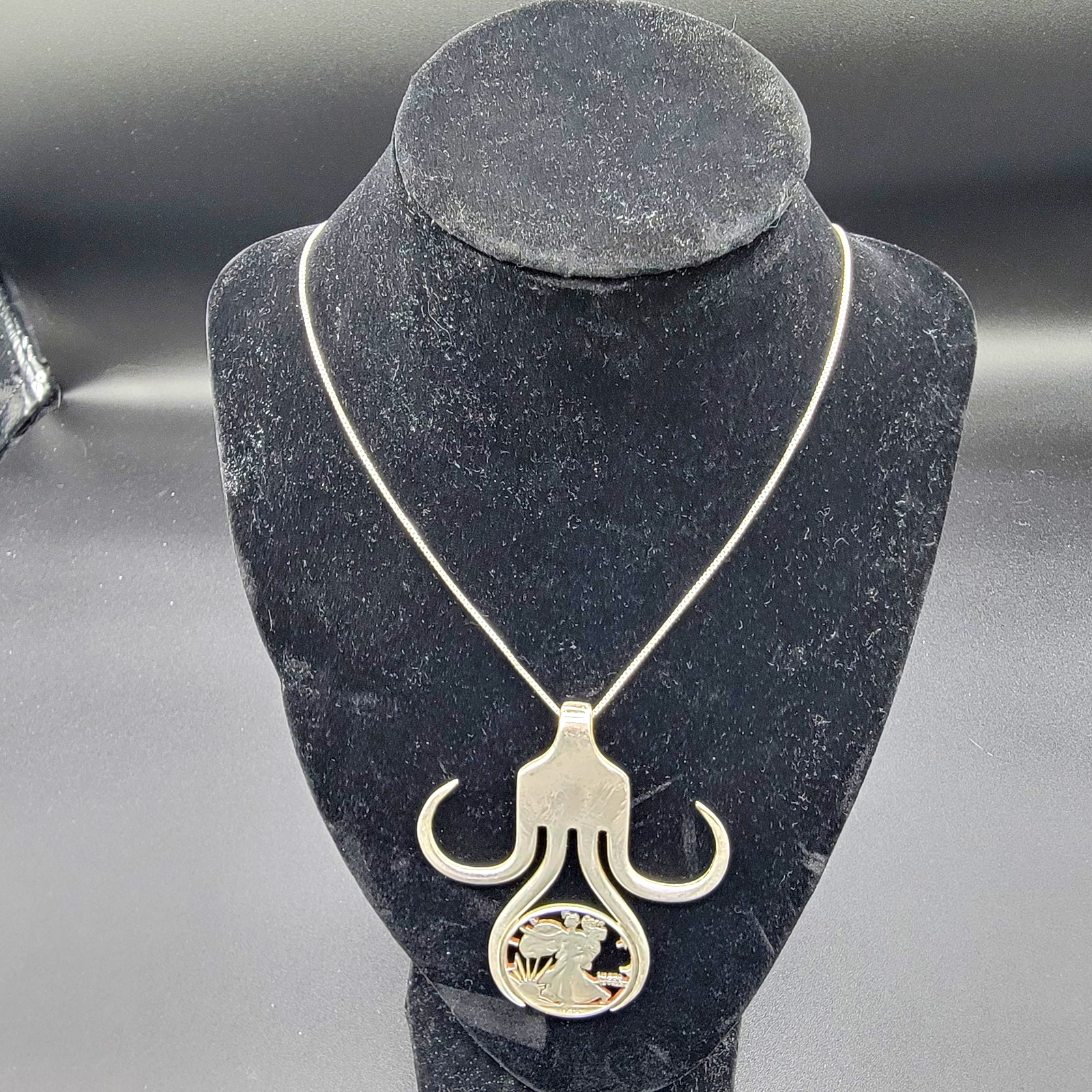 Vintage Fork Art Pendant  & Necklace, Snake Chain, Hook Closure, Walking Liberty
