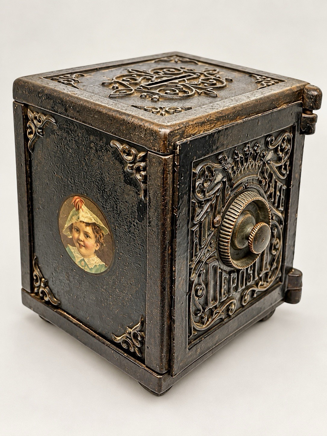 Antique Ornate Cast Iron Royal Safe Deposit Coin Bank c. 1890s