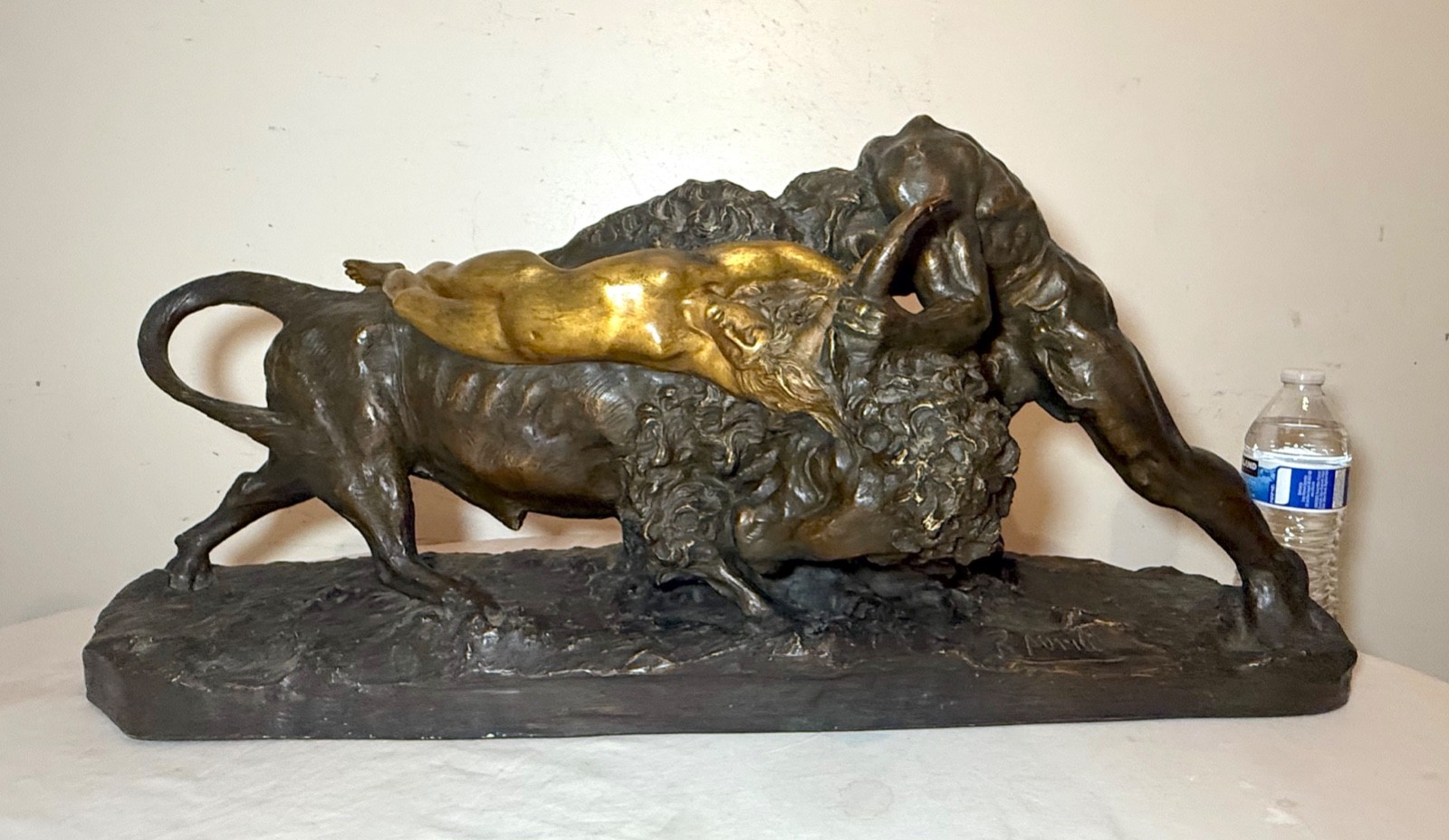 Huge Antique R Aurili Italian Hercules Bull Lady Bronze Patinated Plaster Statue