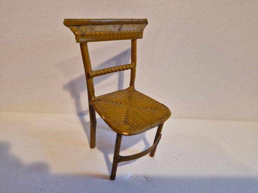 Rare Antique Evans & Cartright Yellow Painted Miniature Pressed Metal Chair Rare Antique Evans & Cartright Yellow Painted Miniature Pressed Metal Chair