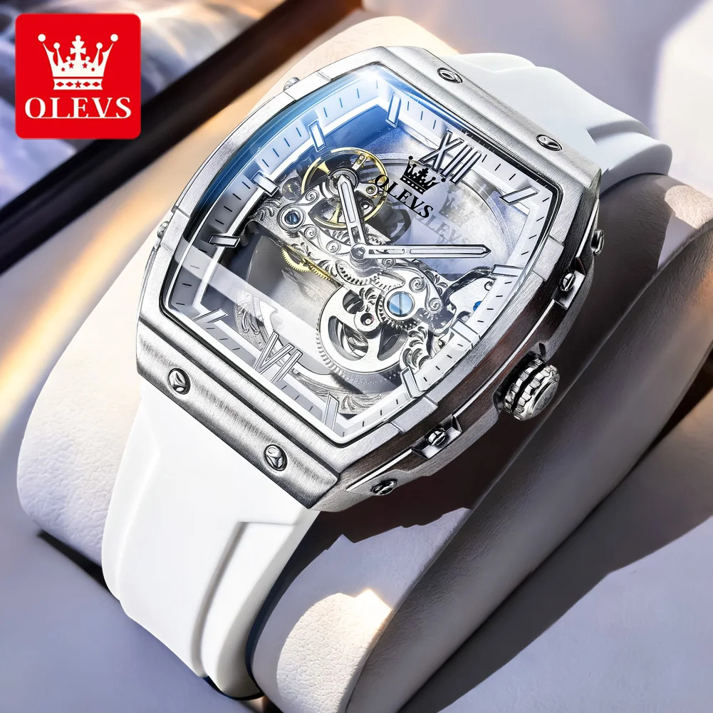 OLEVS 6779 Men\'s Skeleton Automatic Watch Silicone Strap Tonneau Case