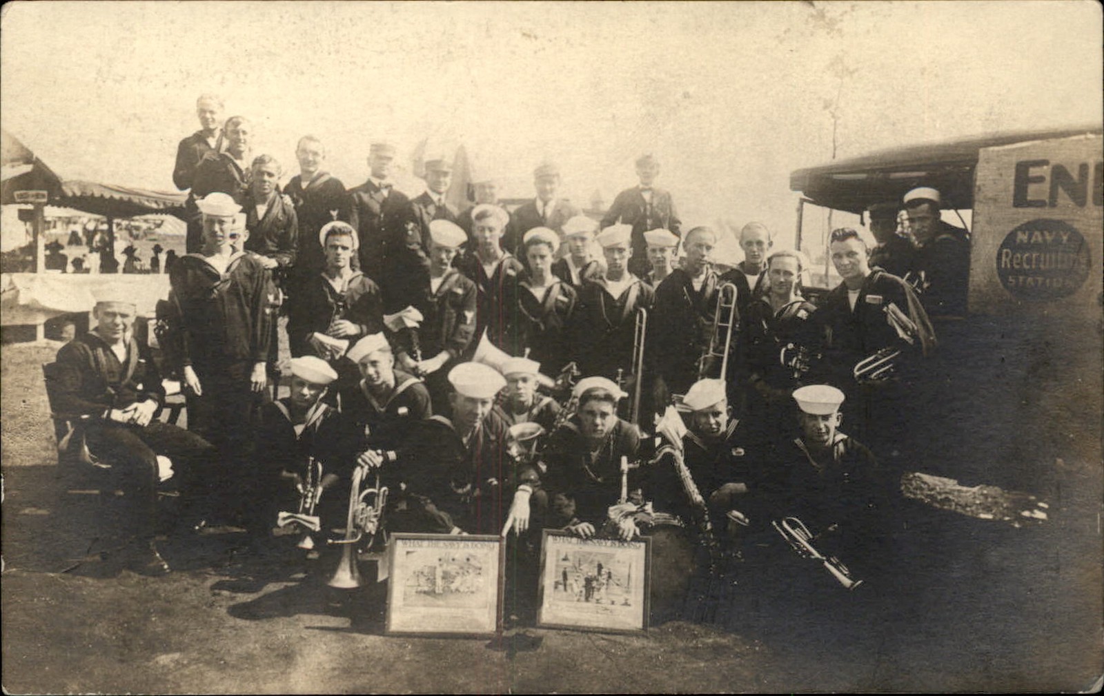Navy recruiting band Truck Men w/ Posters c1900s-10s Real Photo Postcard bhn Navy recruiting band Truck Men w/ Posters c1900s-10s Real Photo Postcard bhn
