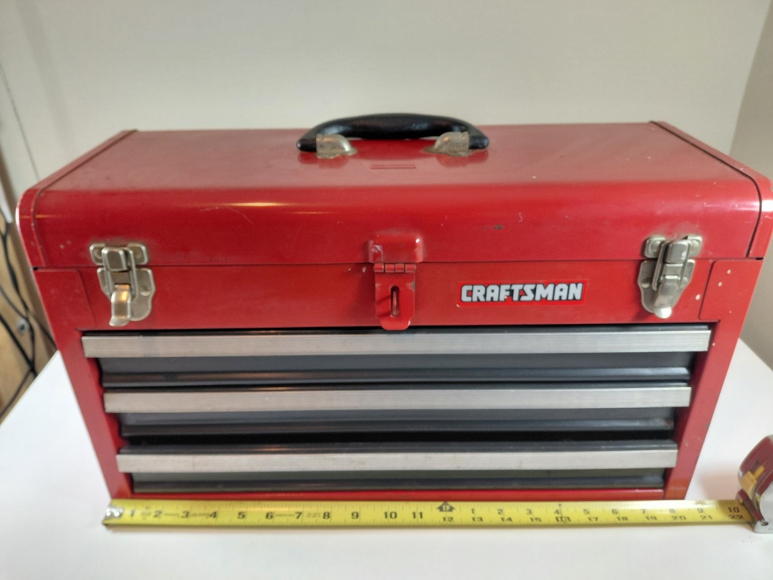 Vintage CRAFTSMAN Red Metal Tool Box Chest with 3 Drawers & Top Compartment USA Vintage CRAFTSMAN Red Metal Tool Box Chest with 3 Drawers & Top Compartment USA