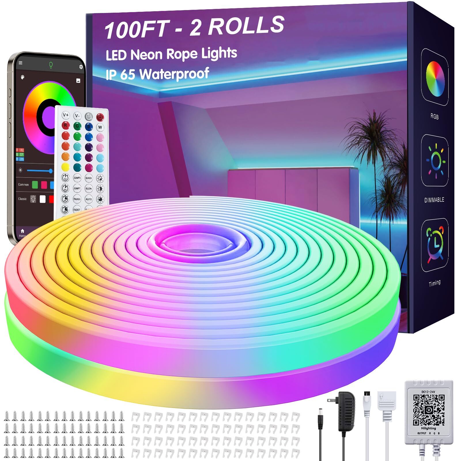 100Ft LED Neon Rope Lights with App and Remote Control, IP65 Waterproof Neon Str 100Ft LED Neon Rope Lights with App and Remote Control, IP65 Waterproof Neon Str