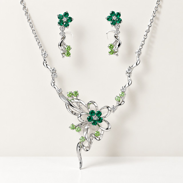 💚 BRAND NEW – ELEGANT GREEN CRYSTAL FLORAL JEWELRY SET 💚 Adjustable