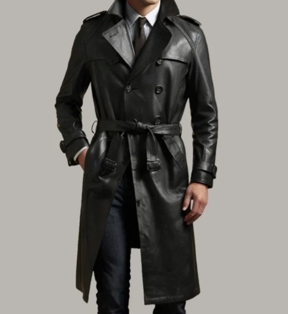 Mens Black Genuine Lambskin Leather Stylish Trench Coat Casual Style Long Coat