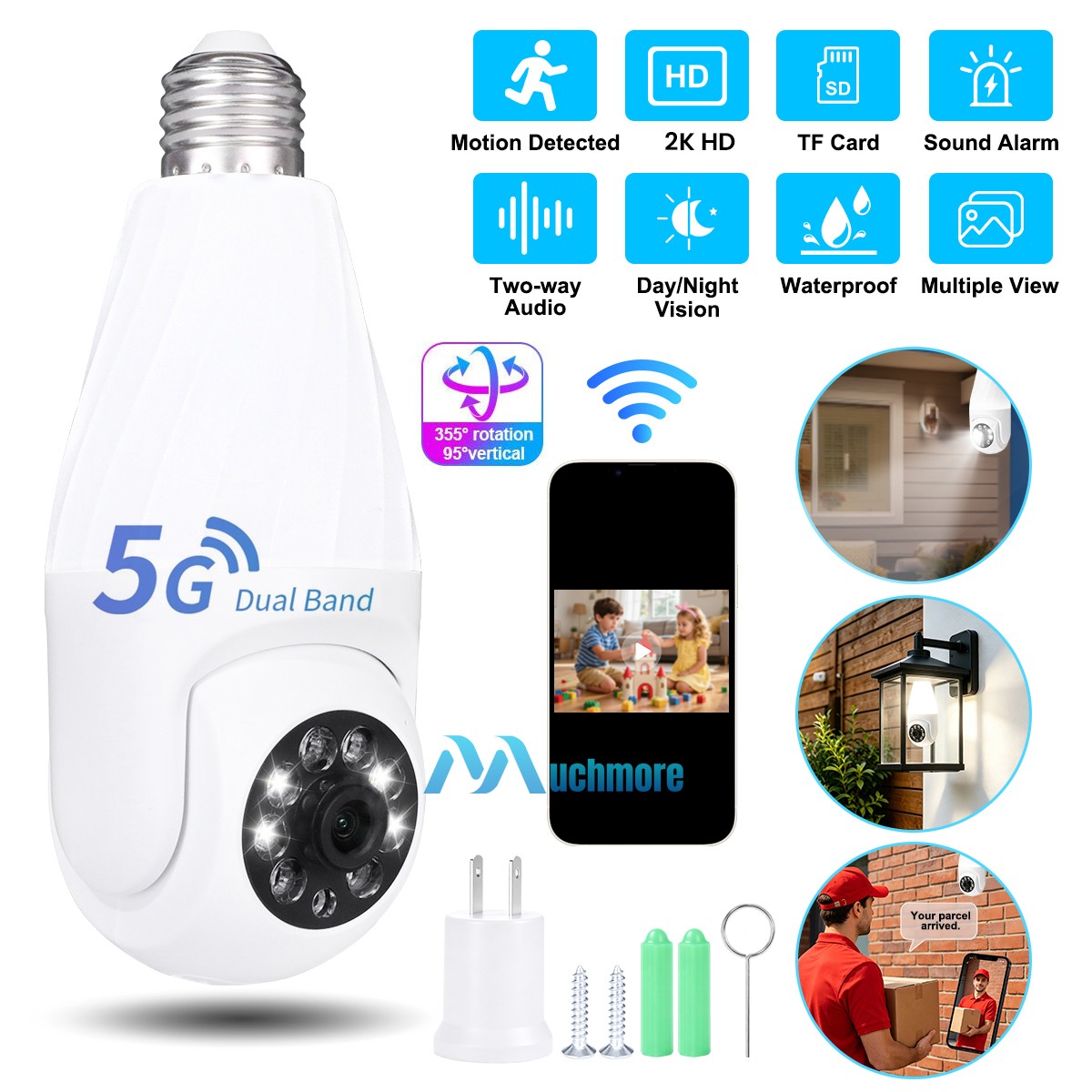 5G Bulb Cam 2K Full HD Outdoor PTZ Security Light Bulb Camera Color Night Vision
