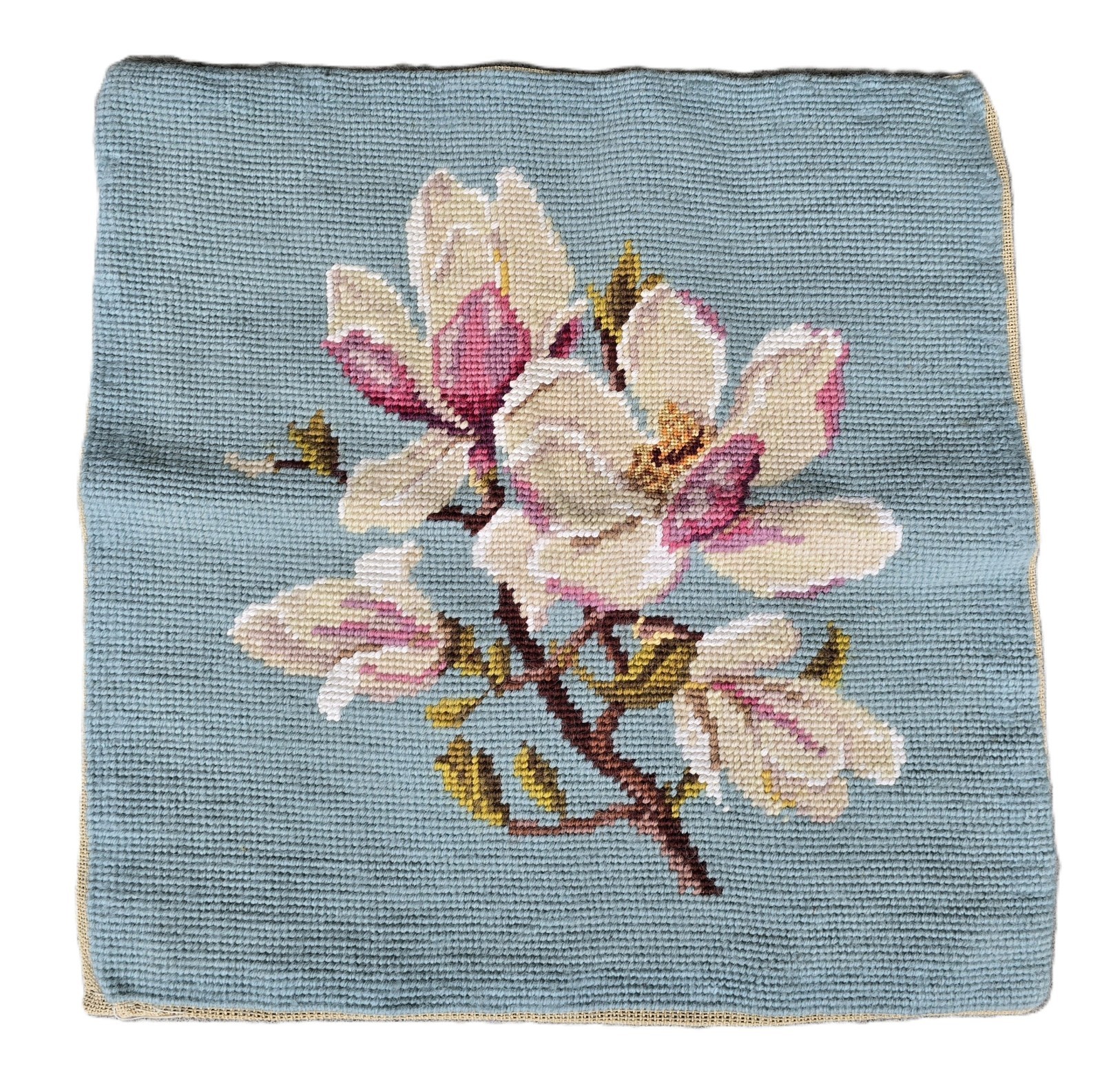 Vintage Needlepoint Finished Completed Floral Pillow Top 13 x 13 Blue Background Vintage Needlepoint Finished Completed Floral Pillow Top 13 x 13 Blue Background