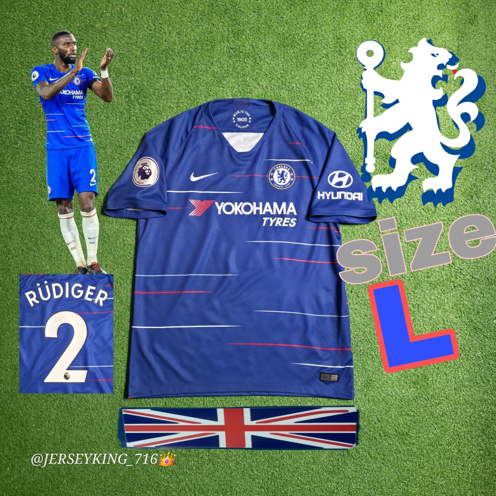 Nike Chelsea FC Antonio Rudiger#2 2018/2019 Home Blue Jersey EPL Patch Large Nike Chelsea FC Antonio Rudiger#2 2018/2019 Home Blue Jersey EPL Patch Large