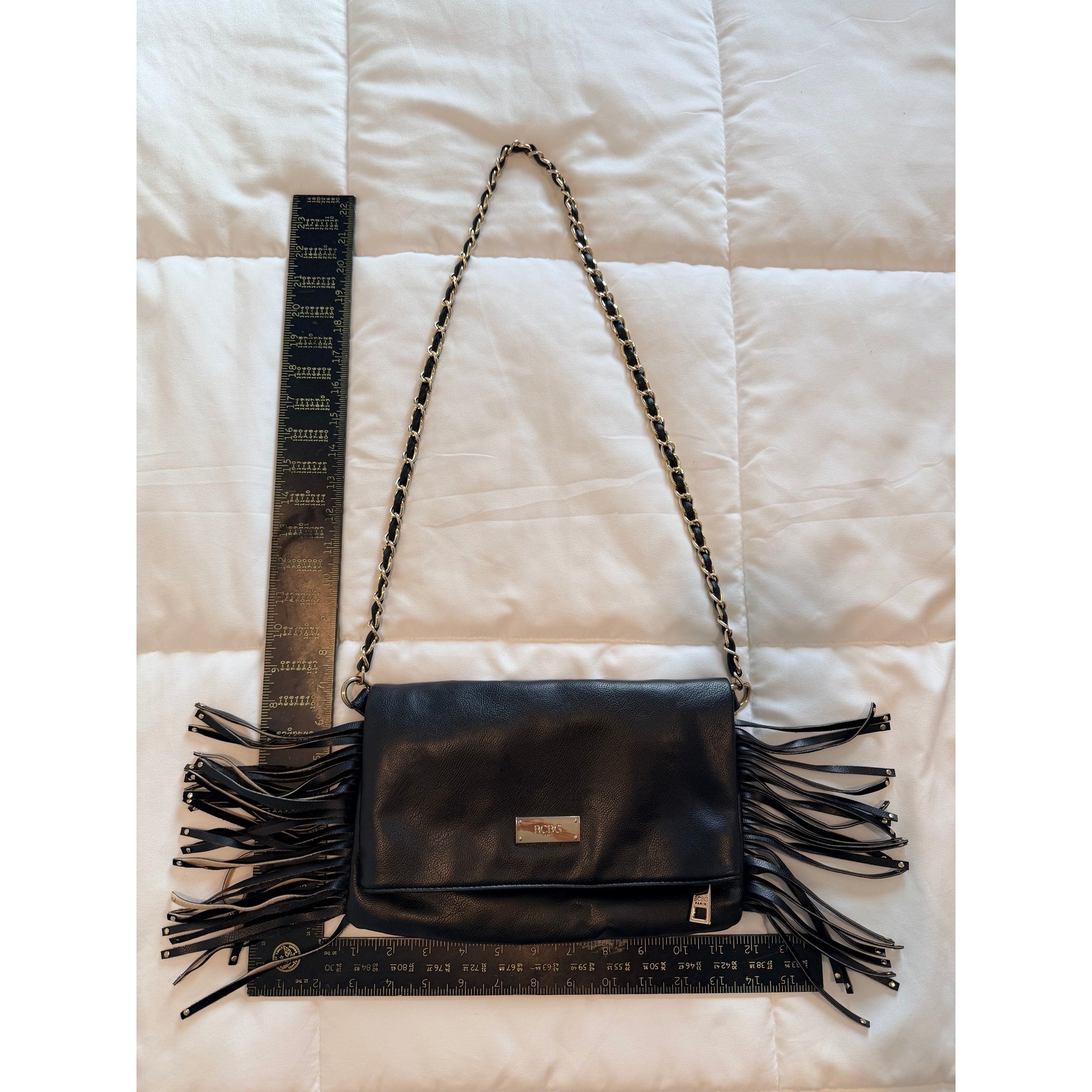 BCBG Paris Black Fringed Crossbody Bag Gold Chain Strap Pebbled Faux Leather BCBG Paris Black Fringed Crossbody Bag Gold Chain Strap Pebbled Faux Leather