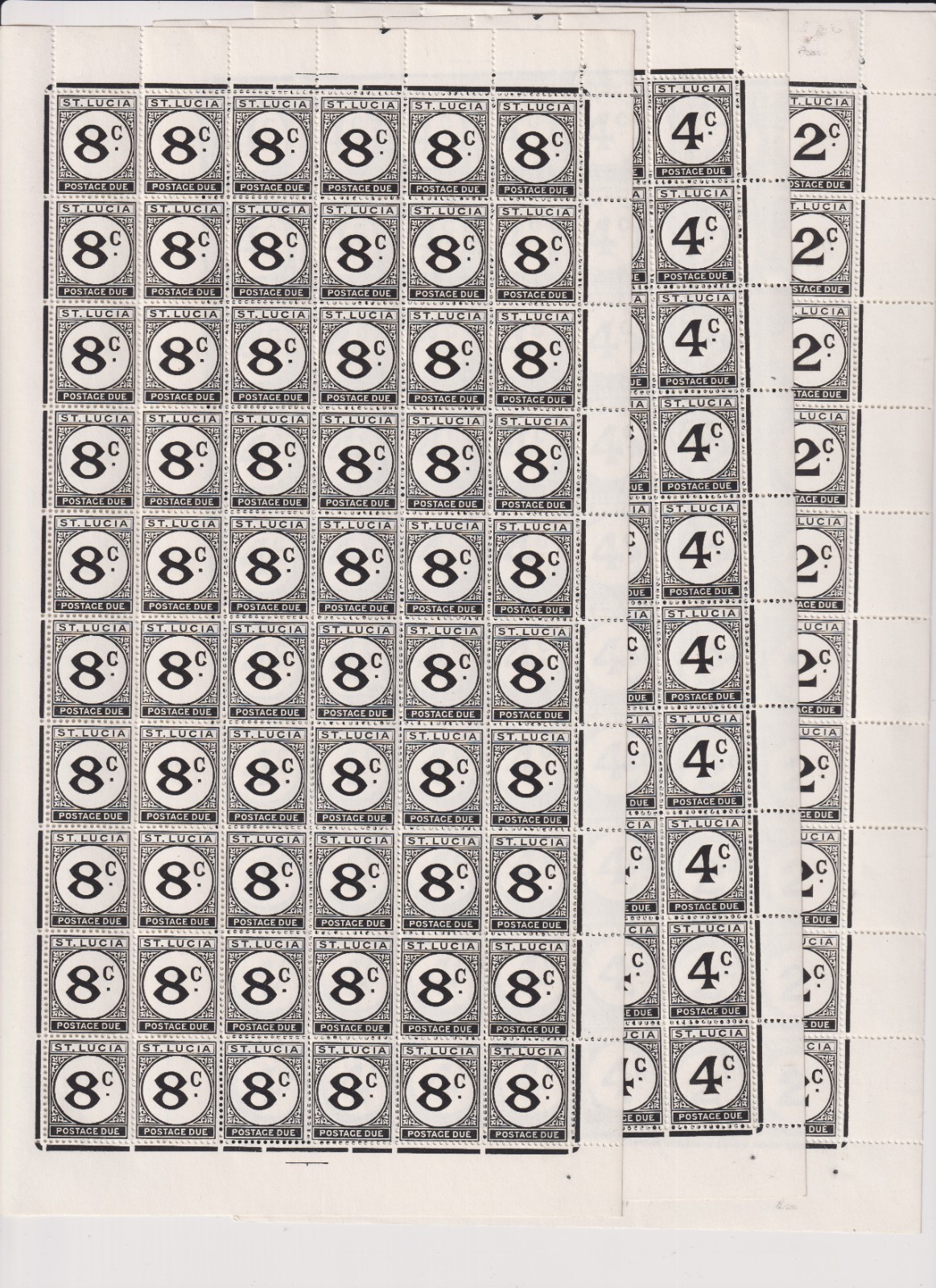 St Lucia 1949 - 1952 2c, 4c and 8c Postage Due Complete Sheets of 60 RARE St Lucia 1949 - 1952 2c, 4c and 8c Postage Due Complete Sheets of 60 RARE