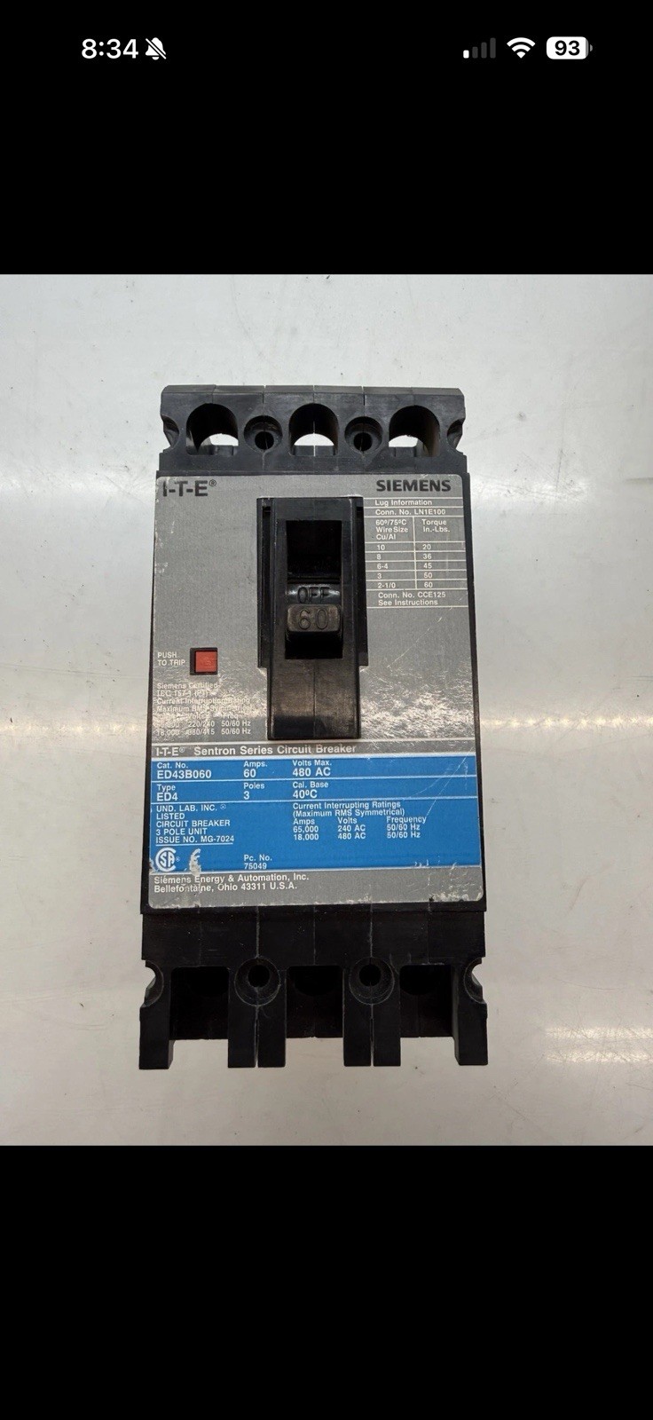 Siemens SENTRON ED43B060 60A 3-Pole 480V Bolt-On HACR Circuit Breaker
