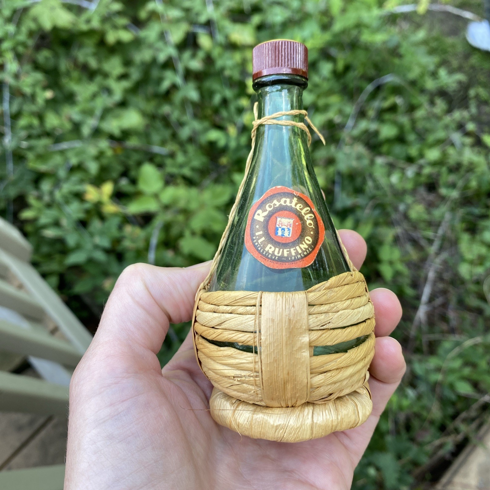 RUFFINO VTG Rosatello Wine BOTTLE EMPTY w Cap & RATTAN WRAP 1/10pt RUFFINO VTG Rosatello Wine BOTTLE EMPTY w Cap & RATTAN WRAP 1/10pt