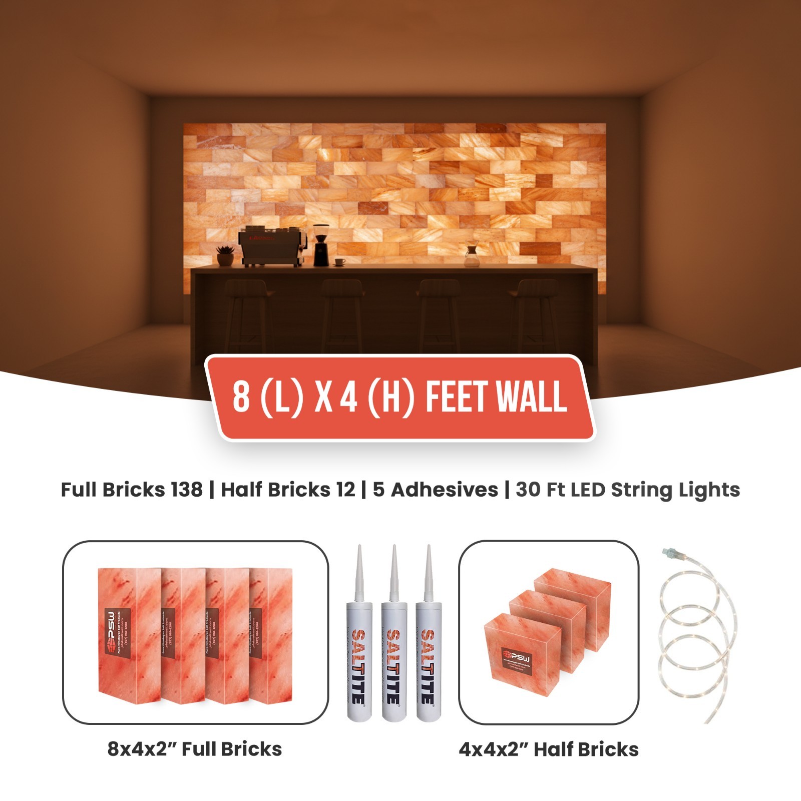 Himalayan Pink Salt Wall Panel 8x4 FT DIY Kit LED Sauna Spa Salt Bricks Wall