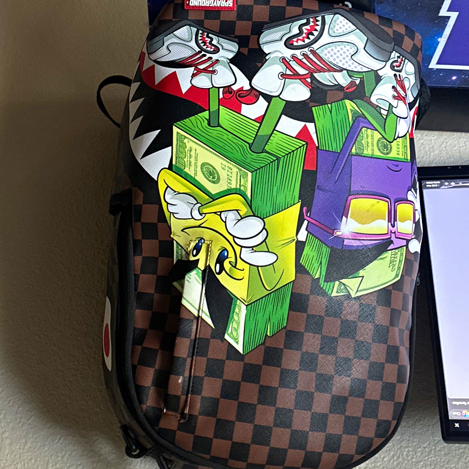 Sprayground Limited Edition Checkered Money Stack Shark Mouth Backpack Large Sprayground Limited Edition Checkered Money Stack Shark Mouth Backpack Large