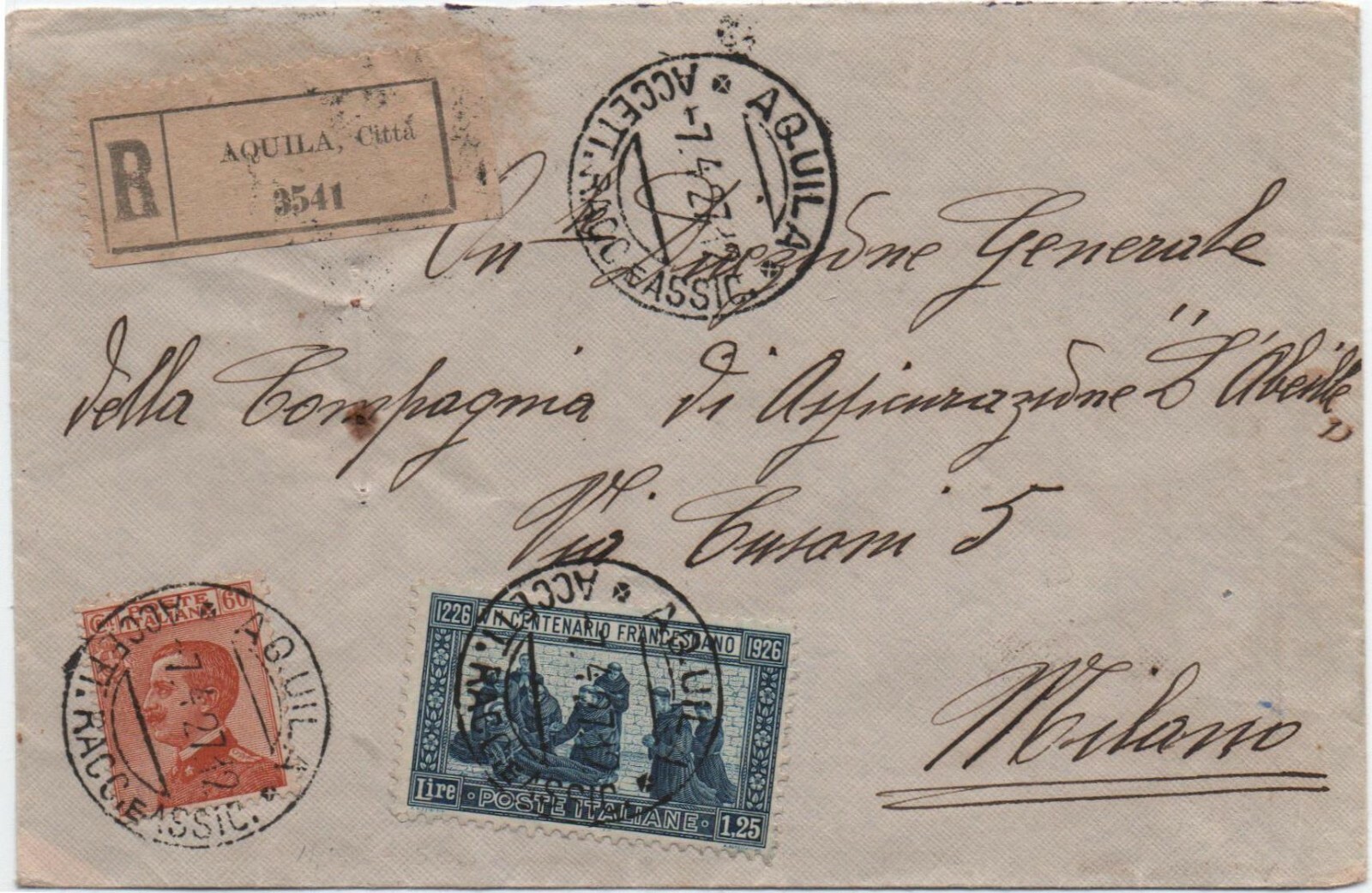 LETTER FROM THE EAGLE TO MILAN in 1927 with RECOMMENDED MODE
