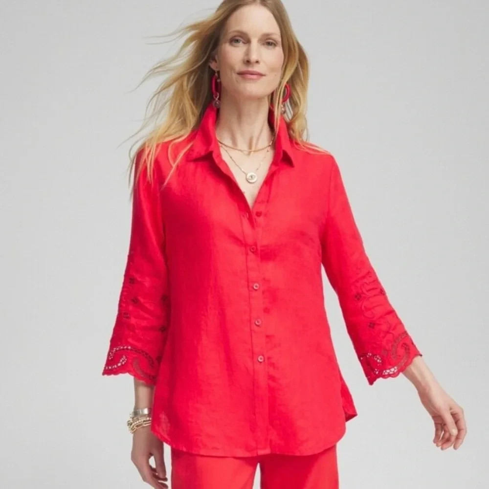 EUC Chico\'s Shirt Size 1 Womens 8 Red 100% Linen embroidered lace sleeves EUC Chico\'s Shirt Size 1 Womens 8 Red 100% Linen embroidered lace sleeves