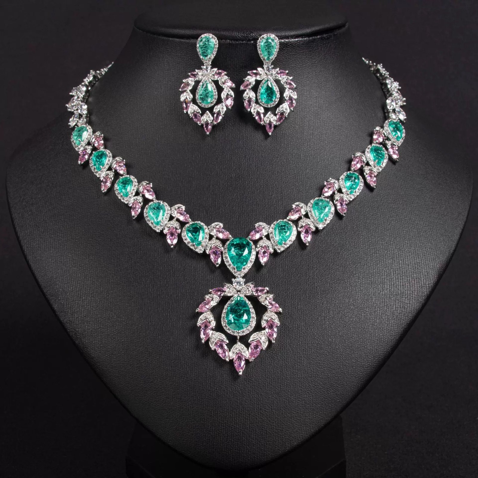 Vintage Emerald Green Pink Crystal Necklace Earrings Set Bridal Jewelry