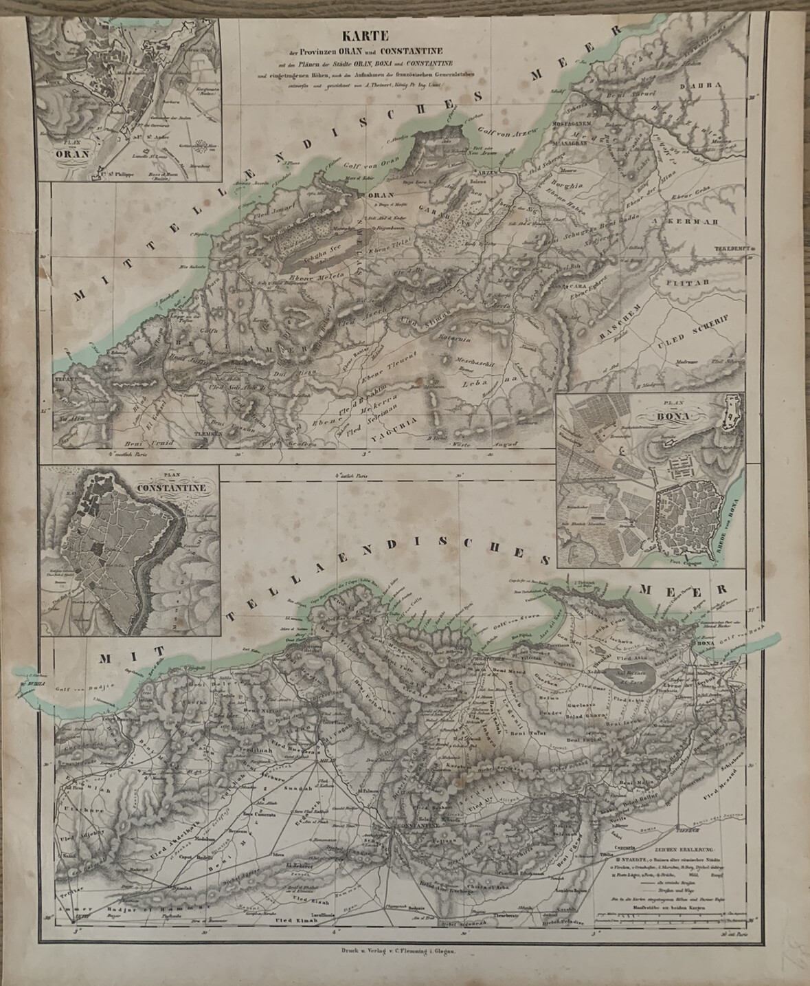 1854 Algeria Provinces of Oran & Constantine Antique Map by Carl Flemming